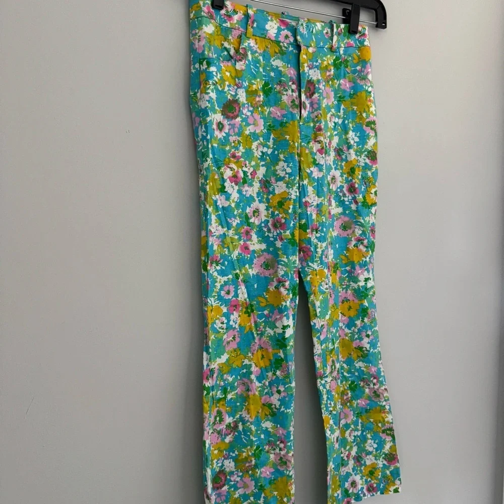 Zara Floral Printed Linen Blend Mini Flare Trousers